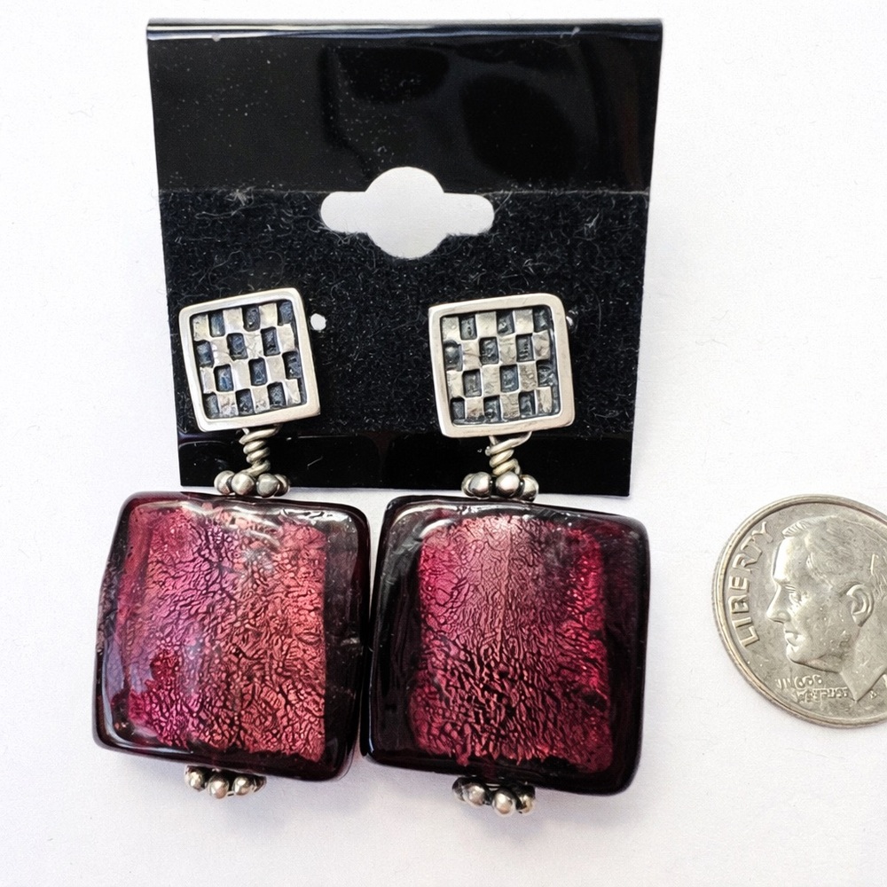 Purple Murano Glass Sterling Silver Modernist Vintage Dangle Earrings
